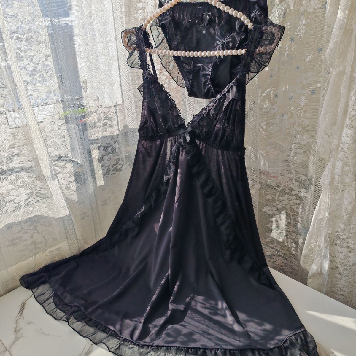Lace Dress - Women Black Ice Silk Nightgown Set