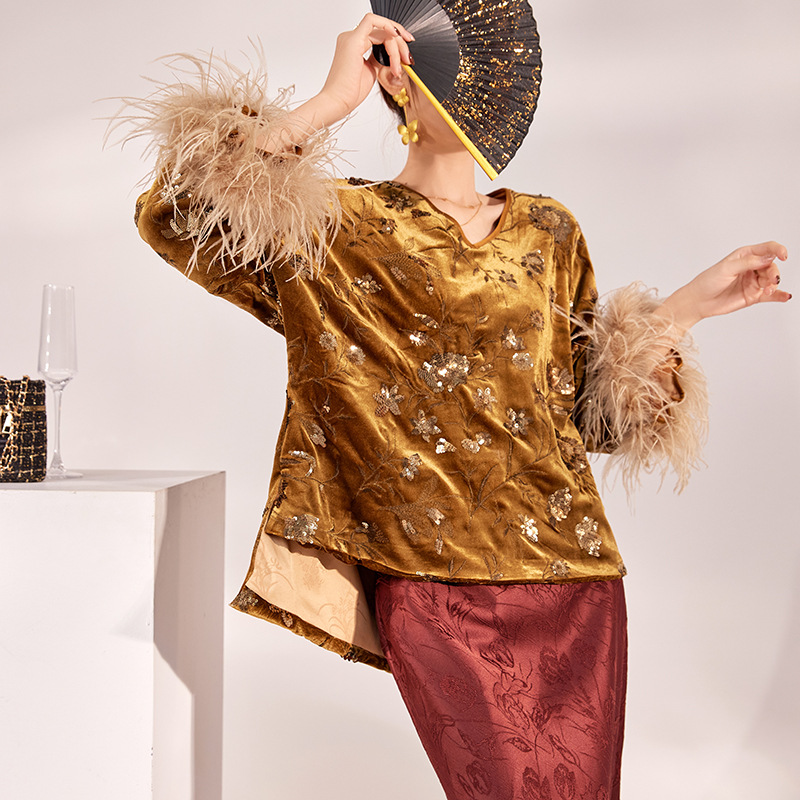 2025 Winter Feather Cuff Blous - Silk Blouse 评论和价格