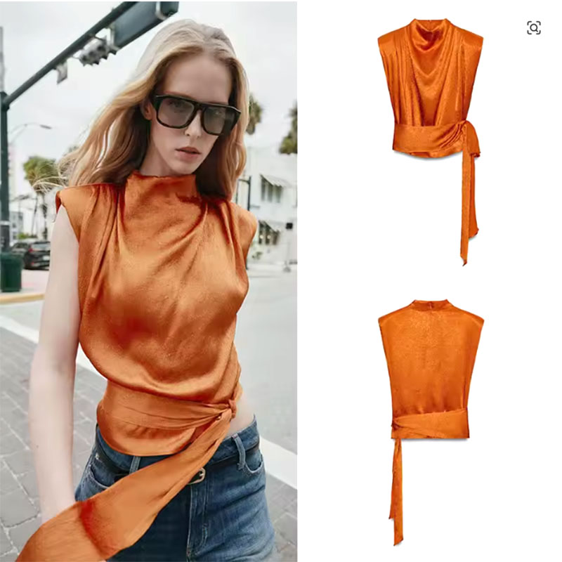Satin Shawl Collar Sleeveless  - Silk Blouse 评论和价格