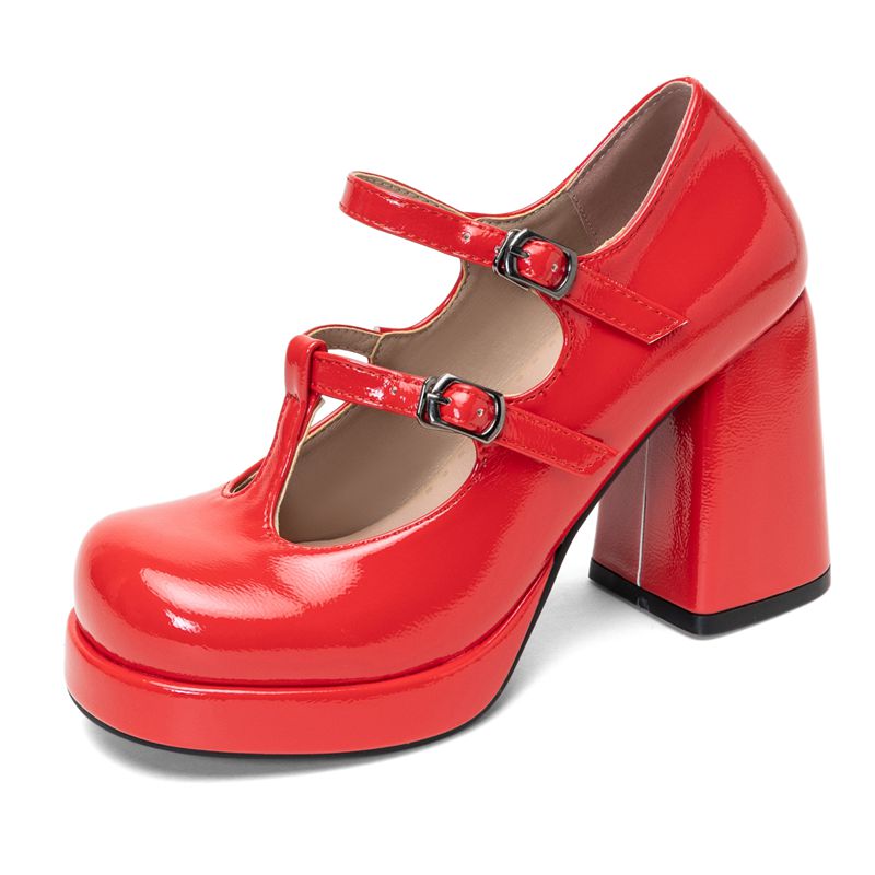 Retro Shiny Female Pump Round  - Pump Heel Block 评论和价格