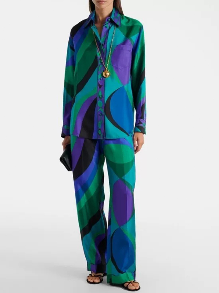 Retro geometric print lapel st - Silk Blouse 评论和价格